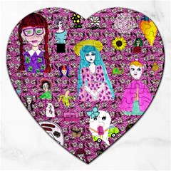 Blue Denim And Drawings Daisies Pink Jigsaw Puzzle (heart) by snowwhitegirl