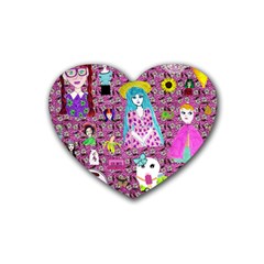 Blue Denim And Drawings Daisies Pink Rubber Coaster (heart)  by snowwhitegirl