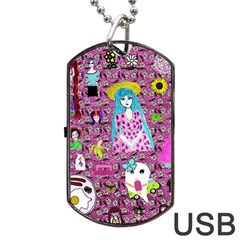 Blue Denim And Drawings Daisies Pink Dog Tag Usb Flash (two Sides) by snowwhitegirl