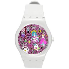 Blue Denim And Drawings Daisies Pink Round Plastic Sport Watch (m) by snowwhitegirl