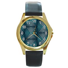 Blue Motif Design Round Gold Metal Watch by tmsartbazaar