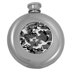 Army Winter Camo, Camouflage Pattern, Grey, Black Round Hip Flask (5 Oz) by Casemiro