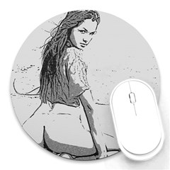 Beauty At The Beach, Sexy Girl Illustration, Black And White Round Mousepads by Casemiro