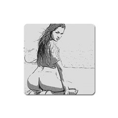 Beauty At The Beach, Sexy Girl Illustration, Black And White Square Magnet by Casemiro