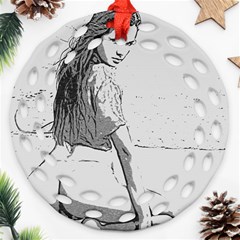 Beauty At The Beach, Sexy Girl Illustration, Black And White Ornament (round Filigree) by Casemiro