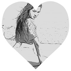 Beauty At The Beach, Sexy Girl Illustration, Black And White Wooden Puzzle Heart by Casemiro