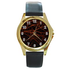 Dark Forest Scene Print Round Gold Metal Watch