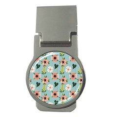 Flower White Blue Pattern Floral Money Clips (round)  by Mariart