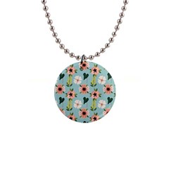 Flower White Blue Pattern Floral 1  Button Necklace