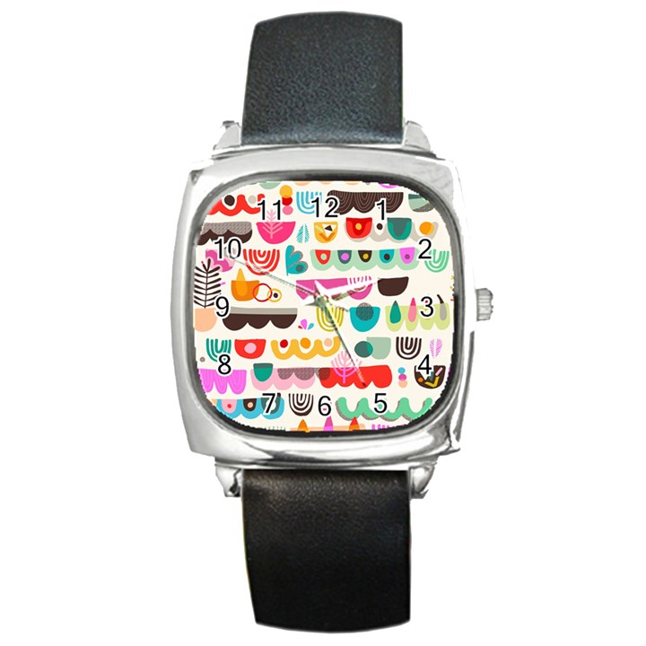 Scandinavian Folk Art Wave Craze Square Metal Watch