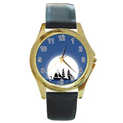 Boat Silhouette Moon Sailing Round Gold Metal Watch