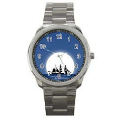 Boat Silhouette Moon Sailing Sport Metal Watch