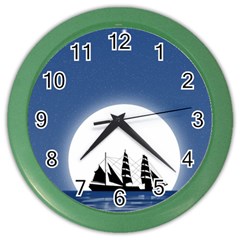 Boat Silhouette Moon Sailing Color Wall Clock by HermanTelo