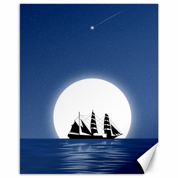 Boat Silhouette Moon Sailing Canvas 11  x 14 