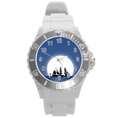 Boat Silhouette Moon Sailing Round Plastic Sport Watch (l) by HermanTelo