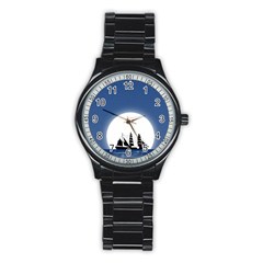 Boat Silhouette Moon Sailing Stainless Steel Round Watch by HermanTelo