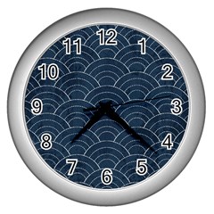 Blue Sashiko Pattern Wall Clock (silver)