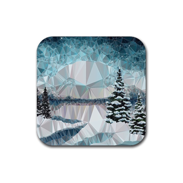 Winter Landscape Low Poly Polygons Rubber Coaster (Square) 