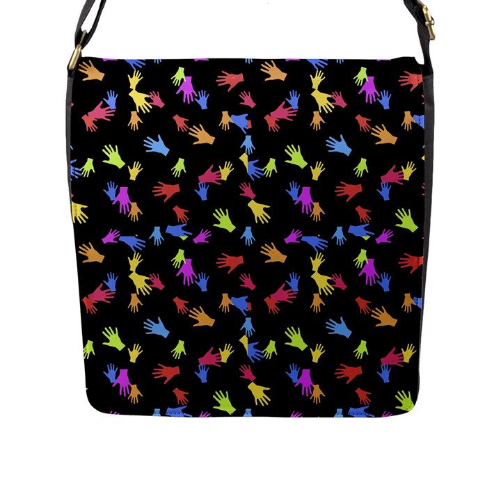 Multicolored Hands Silhouette Motif Design Flap Closure Messenger Bag (L)