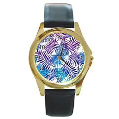 Blue Tropical Leaves Round Gold Metal Watch by goljakoff