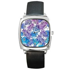 Blue Tropical Leaves Square Metal Watch by goljakoff