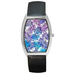 Blue Tropical Leaves Barrel Style Metal Watch by goljakoff