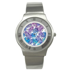 Blue Tropical Leaves Stainless Steel Watch by goljakoff