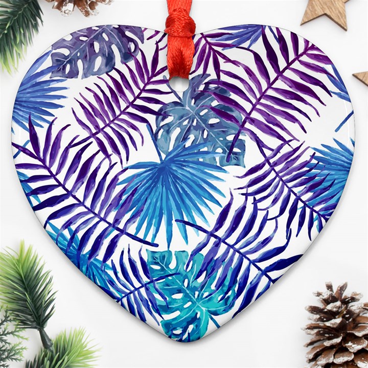 Blue tropical leaves Heart Ornament (Two Sides)