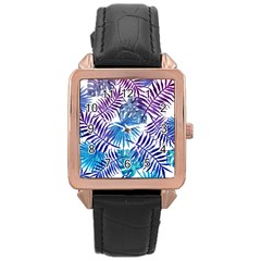 Blue Tropical Leaves Rose Gold Leather Watch  by goljakoff