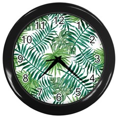 Green Tropical Leaves Wall Clock (black) by goljakoff