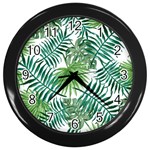 Green tropical leaves Wall Clock (Black) Front