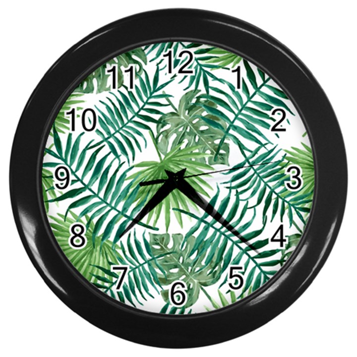 Green tropical leaves Wall Clock (Black)