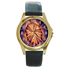 Sun Fractal Round Gold Metal Watch by Sparkle