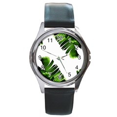 Green Banana Leaves Round Metal Watch