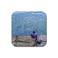 Senior Man Fishing At River, Montevideo, Uruguay001 Rubber Coaster (square)  by dflcprintsclothing