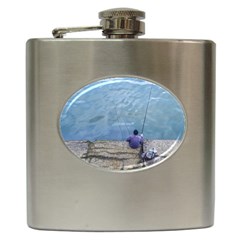 Senior Man Fishing At River, Montevideo, Uruguay001 Hip Flask (6 Oz) by dflcprintsclothing