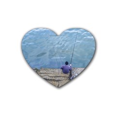 Senior Man Fishing At River, Montevideo, Uruguay001 Rubber Coaster (heart)  by dflcprintsclothing