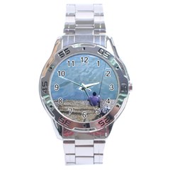 Senior Man Fishing At River, Montevideo, Uruguay001 Stainless Steel Analogue Watch