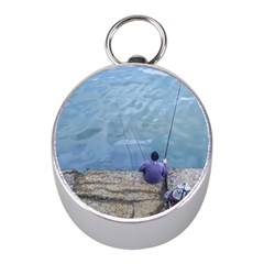 Senior Man Fishing At River, Montevideo, Uruguay001 Mini Silver Compasses by dflcprintsclothing