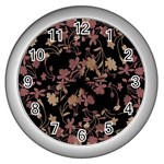 Dark Floral Ornate Print Wall Clock (Silver) Front