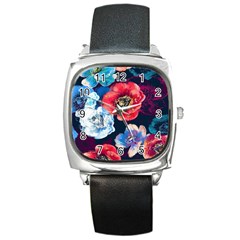 Flowers Pattern Square Metal Watch by Sparkle