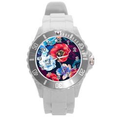 Flowers Pattern Round Plastic Sport Watch (l) by Sparkle