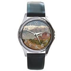 Empty Highway Landscape, La Rioja, Argentina Round Metal Watch by dflcprintsclothing