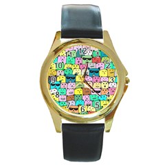 Colorful Cat Lover  Round Gold Metal Watch by kellehco