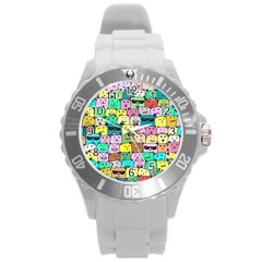 Colorful Cat Lover  Round Plastic Sport Watch (l) by kellehco