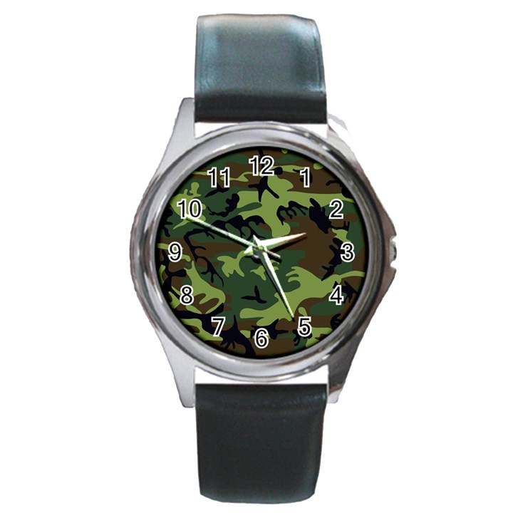 Forest camo pattern, army themed design, soldier Round Metal Watch