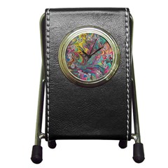 Abstract Marbling Pen Holder Desk Clock by kaleidomarblingart