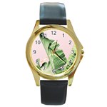 Palm leaf Round Gold Metal Watch Front