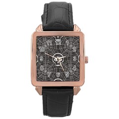 Skull And Spider Web On Dark Background Rose Gold Leather Watch 