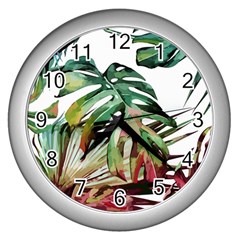 Watercolor Monstera Leaves Wall Clock (silver) by goljakoff